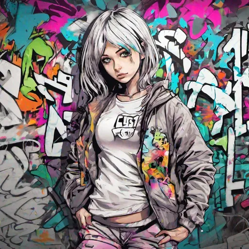 Prompt: (Masterpiece, illustration , high quality:1. 2), (ultra detailed background and character), (graffiti style:1. 3), (monochrome:1. 1), (multicolored drawing:1. 5), (multicolored hair), (looking at camera), ((portrait)), 1girl, stomach cutout, skinny, very short + straight hair, Multiple earrings, Skull earrings, (choker, chain choker), baggy pants, wind, (graffiti big letters, graffiti English letters:1. 1), (graffiti swirling around the character:0. 6), (graffiti on character:1. 3), (spray splash:1. 2), (neon:1. 3), neon sign, UHD, HDR, 8K, (Masterpiece:1. 5), (best quality:1. 5) 