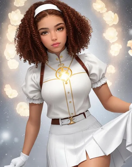 Prompt: A beautiful 14 year old ((Latina)) light elemental with light brown skin and a beautiful face. She has short curly reddish brown hair and reddish brown eyebrows. She has a cute face and big lips. She wears a beautiful tight white princess outfit with a white skirt. She has brightly glowing yellow eyes and white pupils. She wears a gold headband. She has a yellow aura around her. She is using light magic in battle against a giant monster in a open field. Epic battle scene art. Full body art. {{{{high quality art}}}} ((goddess)). Illustration. Concept art. Symmetrical face. Digital. Perfectly drawn. A cool background.