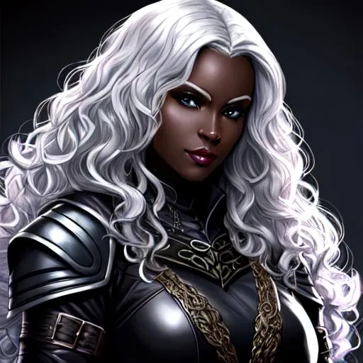 Prompt: drow, light gray skin, curly hair, rogue, black hood, leather armor, female, dnd, illustration, portrait