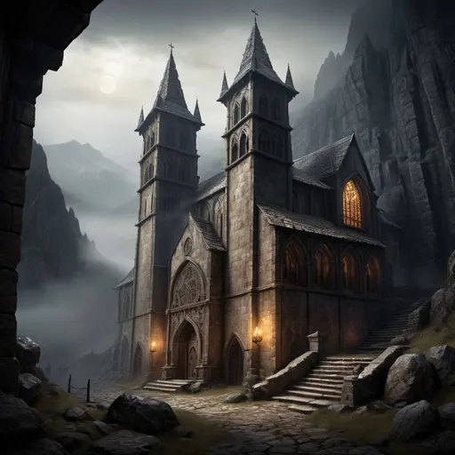 Prompt: Warhammer fantasy RPG style towering monastery in the mountains, medieval architecture, weathered stone walls, intricate gothic details, high resolution, detailed, dark fantasy, atmospheric lighting, foggy ambiance, gothic, medieval, detailed stonework, bustling, mysterious, ominous lighting, walking monks, warm tones