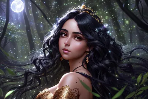 Prompt: Fantasy art of a beautiful olive skin Princess with wavy black hair, illuminated by moonlight and floating wisps, dancing in a magical forest, long exposure, HD face, hyperrealistic, high fantasy art, super detailed, 8k, high quality, Artstation process color thread, dynamic lighting, trending on artstation, sharp focus, intricate details, highly detailed
