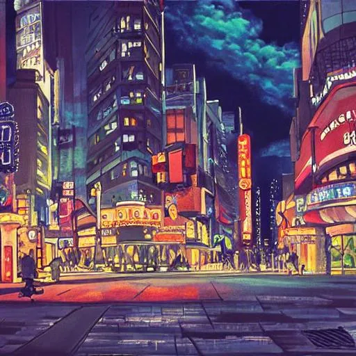 Prompt: painting of New York, studio Ghibli,  nostalgic lighting,  with dark colors, highly detailed, crisp quality, bokeh