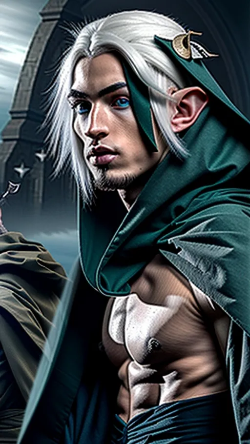 Prompt: A profile of dark teenage elf man with obsidian skin and emerald green eyes with black pupils, with exotic white hyperrealistic hair and sparse, angular facial hair, with a piercing in his left brow, elven man dressed in a hooded cloak, holding two scimitars, village in the background 