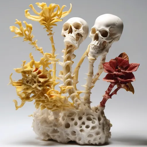 Prompt: marble sculpture of bones as alien flowers and plants. different variations, spinal structure as stem, and other petal and leaf configurations. yellow, white, and a little bit of red. high detail