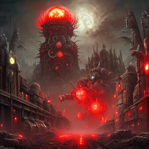 Prompt: Evil, red lights, Biological mechanical war machine, fantasy art style, dystopian, apocalyptic, nuclear weapons, nuclear explosion, atom bomb, painting, city, metropolis, guns, bullets, teeth, eyes, dragons, giants robot, warfare 