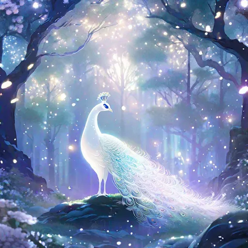 Prompt: A white elegant translucent peacock that is glowing, in a forest, beneath the stars, highres, best quality, concept art