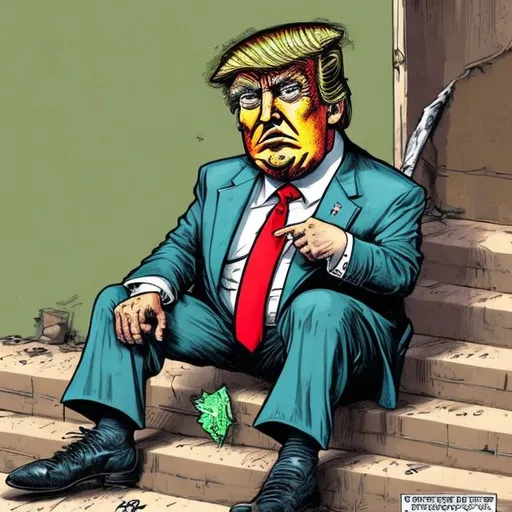 Prompt: Trump-Caricature: Tattered one green dollar note in tattered beggar Trump's rusty tin can, too long red tie + tattered darkblue suit, Trump sitting on court steps, bright colored Sergio Aragonés MAD-magazine style