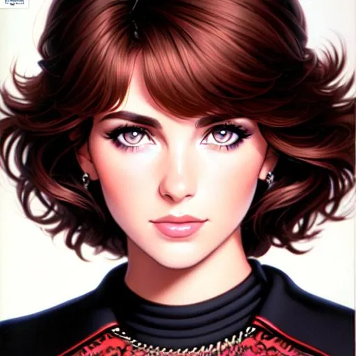 Prompt: 1983 magazine cover - full body
Alison Luff, 26 years old, brown hair, happy, parted bangs, brown eyes, ethereal, 1980s punk clothing, wild hair, royal vibe, highly detailed, digital painting, Trending on artstation , HD quality, tan skin, Big Eyes,artgerm, by Ilya Kuvshinov