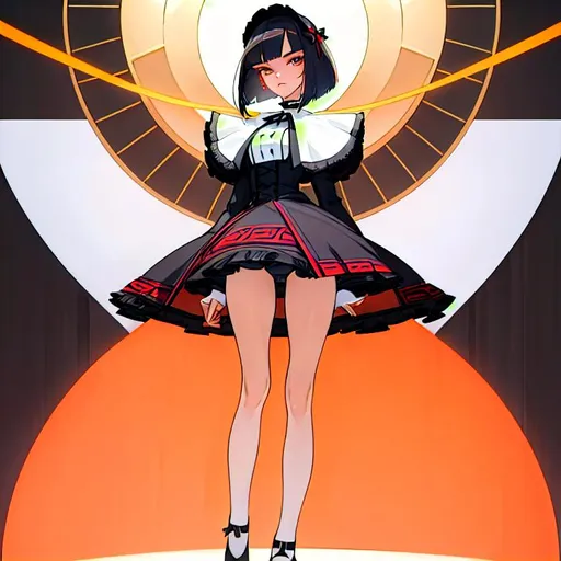 Prompt: a lonely AI girl, very tall, thick thighs, wide hips, long legs, slender arms, slender waist, big beautiful symmetrical eyes, intriguingly beautiful face, aloof expression, bob haircut with bangs, wearing Tribal-Lolita fashion clothes, high fashion, 12K resolution, hyper quality, hyper-detailed, hyper-realistic, hyper-professional