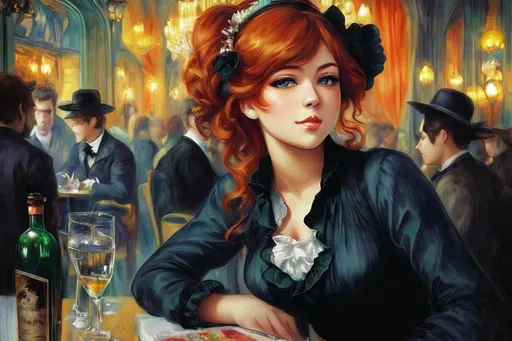 Prompt: I'm just a full-body, photo-realistic, beautiful, striking, winsome, fun-loving, curvaceous, gorgeous, femme fatale, siren, anime, manga, kawaii, waifu, girl, enjoying a bottle of *arboreal* absinthe in a Paris bistro in 1898, painted by Pierre-Auguste Renoir.