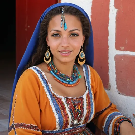 Prompt: beautiful metisse woman andalouse ibère and Tunisia-lybia metissage
Beautiful metissage with color real. With beautiful dress of andalouse