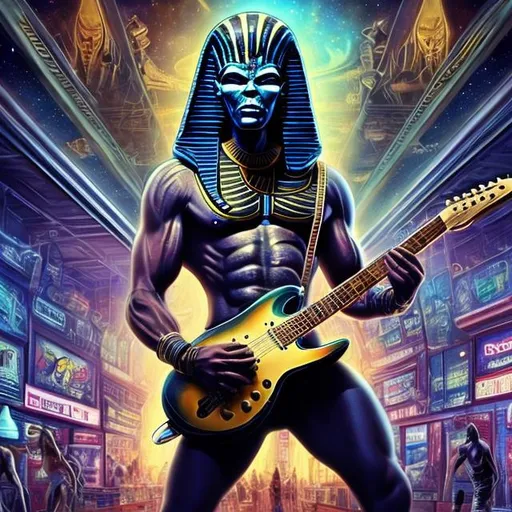 Prompt: Bodybuilding Tutankhamun playing guitar for tips in a busy alien mall, widescreen, infinity vanishing point, galaxy background
