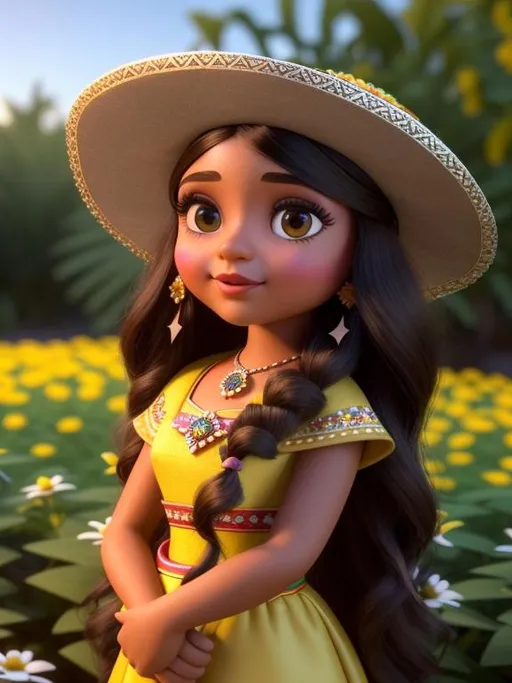 Prompt: Disney Pixar style mexican fortune teller with long dark hair, tan skin tone, highly detailed, flower crown, intricate, big eyes, adorable, beautiful, light shafts, stars, radiant, ultra high quality octane render, aztec, night time, night forest background, field of flowers, bokeh, hypermaximalist