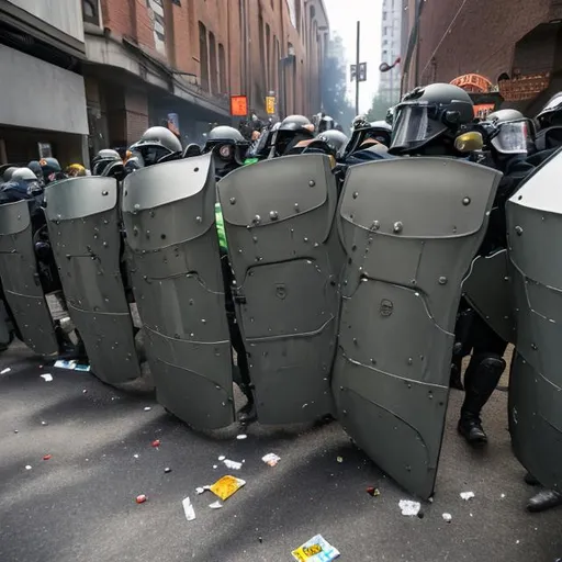 Prompt: crowd, riot, city, battle, police, riot shield wall, testudo