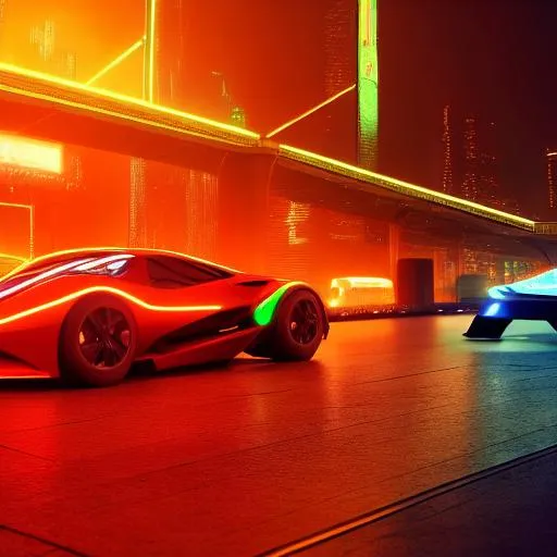 Prompt: luxury racecar, promotional photoshoot, cinematic, futuristic city with neon, lights, bladerunner 2049, highly detailed, 8k