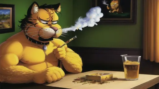 Prompt: ((Art by Jim Davis)) Garfield smoking a joint. Garfield and weed, Hyper realistic, HD, 8k ultra definition oil painting, hd quality,  UHD, hd , 8k, panned out view, Garfield smoking weed , weed covering the table, a fantasy , with weed in the bathroom