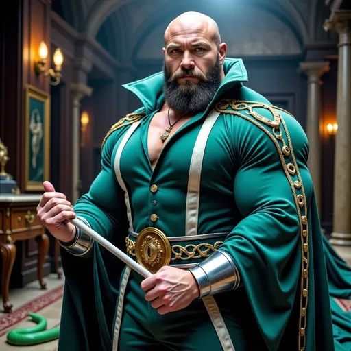 Prompt: Salazar Slytherin, muscular pecs through green and silver (exquisite robes), bald, dark and grey beard, gripping a white wand, (chamber of secrets) background, dark magic, vibrant colors, (ultra-detailed), enchanting atmosphere, (mythical essence) capturing darkness and arrogance, snake on the floor