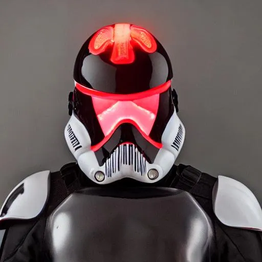 Prompt: High tech black and red storm trooper helmet with red glowing eyes