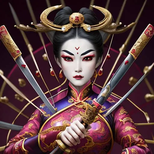 Prompt: photo of a Beijing Opera characters wearing elaborate makeup and full costume, action scene with intense swordplay, in the style of stefan kostic, realistic, sharp focus, symmetric, 8k high definition, insanely detailed, intricate, elegant, art by stanley lau and artgerm, William-Adolphe Bouguereau