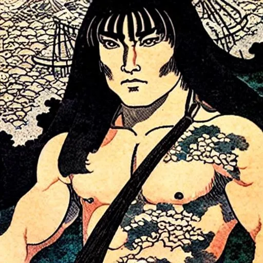 Prompt: Portrait of Conan the Barbarian covered in Irezumi tattoos by Katsushika Hokusai