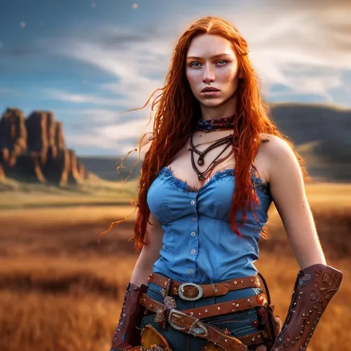 Prompt: HD 4k 3D professional modeling photo hyper realistic beautiful enchanting tough cowgirl woman dark red hair braid fair skin freckles blue eyes gorgeous face cowgirl outfit magical western country landscape hd background ethereal mystical mysterious beauty full body