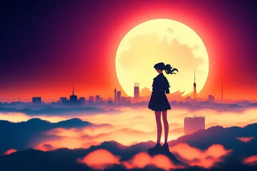 Prompt: Multiple layers of silhouette {Tokyo city}, with silhouette of {Sailor Moon's Moon}, sharp edges, at starry dawn, with fog in air, vector style, horizon silhouette Landscape wallpaper by Alena Aenami, firewatch game style, vector style background