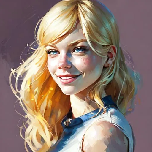 Prompt: gwen stacy, A beautiful woman smiling, blond hair, Beautiful eyes, Beautiful lips, 8k, highly detailed, digital painting, soft lighting Cammy, full body