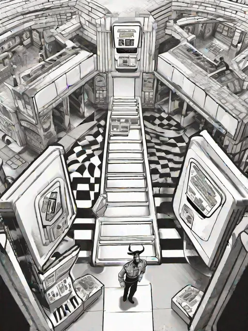 Prompt: illustration of the overhead view of the American labyrinth, self-checkout kiosks between passages, the roaming minotaur is wearing a ticket collector/police uniform in the style of a psychedelic black and white art