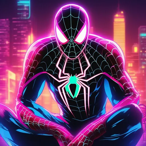 Prompt: Spider man in glowing Neon 80's retro suit anime artstyle