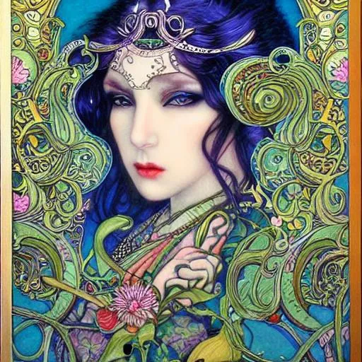 Prompt: beautiful and playful dancer, art nouveau, fantasy, intricate indian flower designs, elegant, highly detailed, sharp focus, art by chie yoshii