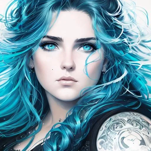 Prompt: a painting of a heavyweight woman with neon blue long wavy hair,  round face, chubby face, by Luis Royo, amy sol in the style of, cool color scheme art rendition, serious expression, tattoos, detailed facial structure, (((warrior))), black and white artwork, idealised, pastel drawing, digital art of an elegant, artgram, female water elemental, pinterest anime, charli bowater and artgerm