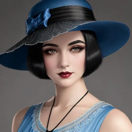 Prompt: a pretty girl  dressed in blue,  dark black hair, flapper, wearing a hat 1920's era, bob hair cut, 1920's era makeup, facial closeup