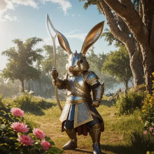 Prompt: adventurous rabbit in leather armor wielding a rapier in one hand and a shield in the other highly detailed, fine complex micro-details, 8k, volumetric lightning, ethereal light, extremely detailed, octane rendering, hyperrealistic, unreal engine