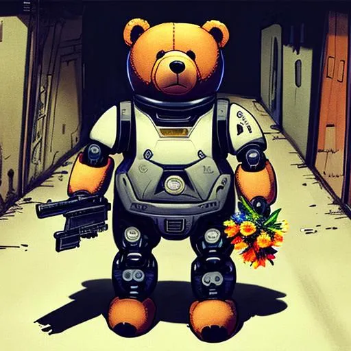 Prompt: A robo teddy bear with flowers in one hand and a shotgun in the other hand. The bear in standing in a dark alley