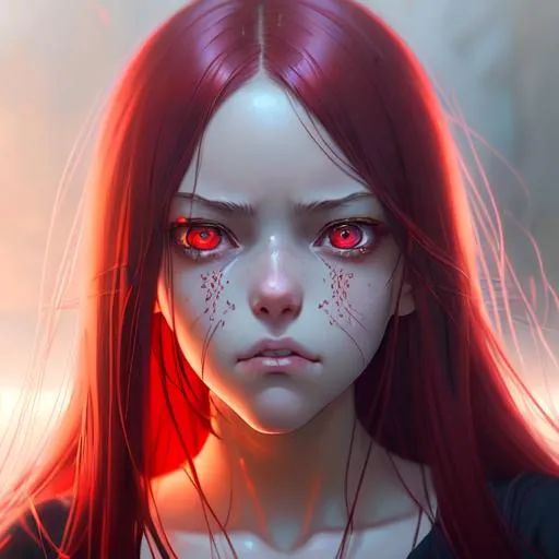 Prompt: Closeup face portrait of  17 years old girl,with scary facial expression,a demon in background smooth soft skin, big dreamy  red eyes, beautiful intricate colored hair, symmetrical, anime wide eyes, soft lighting, detailed face, by makoto shinkai, stanley artgerm lau, wlop, rossdraws, concept art, digital painting, looking into camera