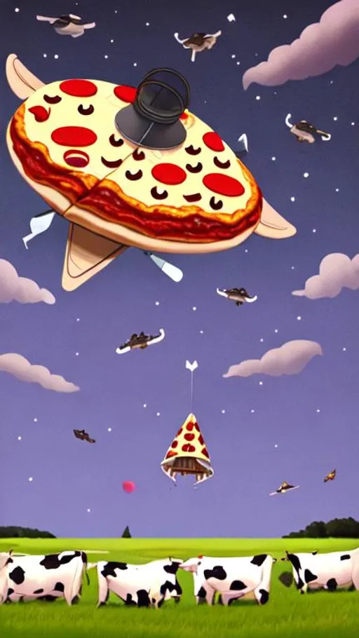 Prompt: Pizza spaceship hovering over a field of cows on a hot summer night