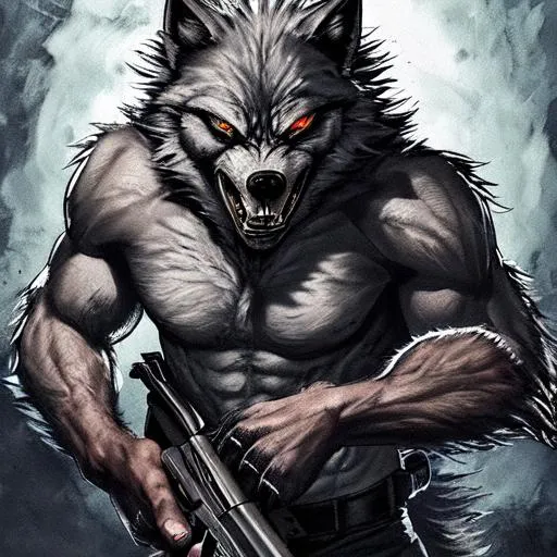 Prompt: badass werewolf holding a gun