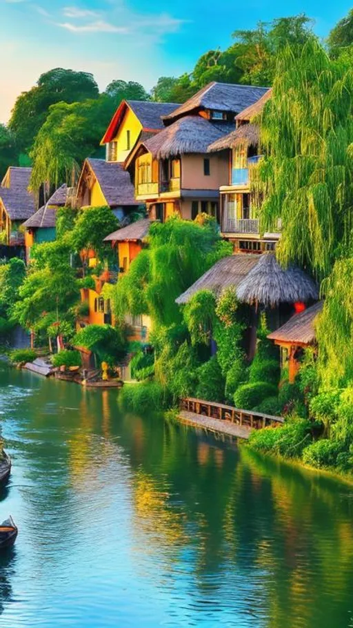 Prompt: Enchanting landscapes
Tranquil riverside scenes
Serene village charm
Captivating rural beauty
Heavenly skies and waters
Whimsical village life
Idyllic riverside retreat
Scenic countryside escape
Breathtaking water reflections
Magical village oasis