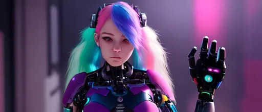 Prompt: Pastel Rainbow haired girl with cyborg hands, posing, full body shot, soft lighting, realistic, 4K, unreal engine 5