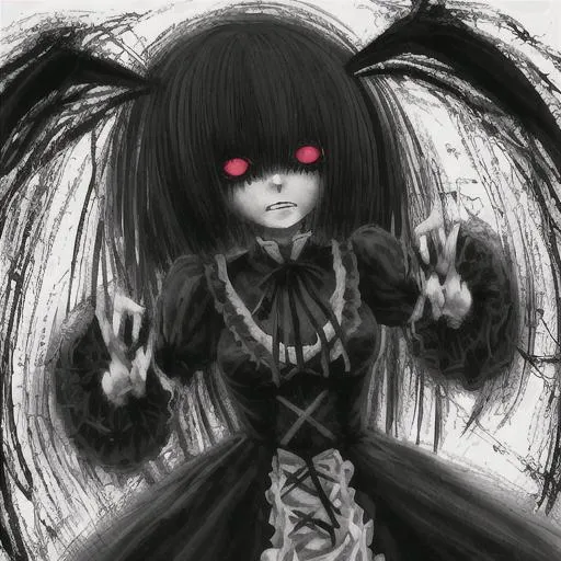 Prompt: Black and white animr girl who is possessed and creepy.