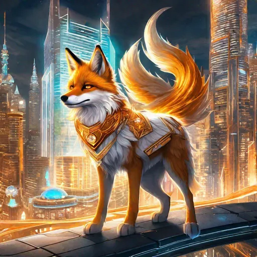 Prompt: (masterpiece, 2D, hyper detailed, epic digital art, professional illustration, fine colored pencil), Adolescent runt ((kitsune)), (canine quadruped), nine-tailed fox, dreamy amber eyes, fuzzy {white-gold} pelt, (golden necklace with brilliant orange gemstone), pointy brown ears, in a large futuristic city, skyscrapers tower above her, misty rain, clear puddles on floor, the city lights up against twilight, possesses ice, timid, curious, cautious, nervous, alert, expressive bashful gaze, slender, scrawny, fluffy gold mane, {frost} on face, dynamic perspective, frost on fur, fur is frosted, sparkling ice crystals in sky, sparkling ice crystals on fur, sparkling rain falling, frost on leaves, dreamy, melodic, highly detailed character, petite body, large ears, full body focus, perfect composition, trending art, 64K, 3D, illustration, professional, studio quality, UHD, HDR, vibrant colors