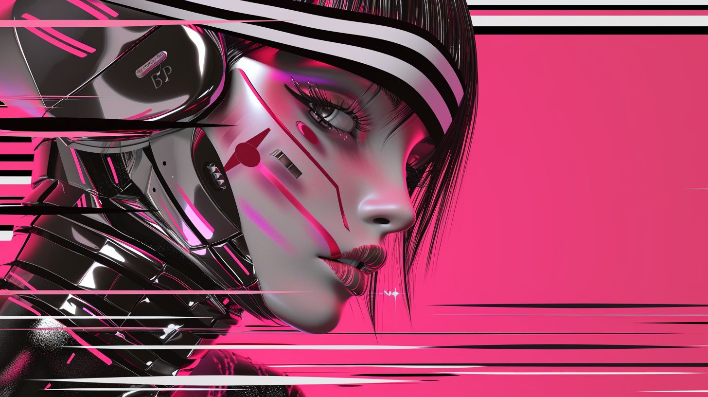 Prompt: 2d futuristic high end metallic stripes embedded with cyber punk girl in pink and black