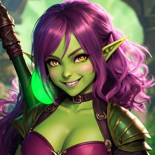 Prompt: oil painting, D&D fantasy, green-skinned-goblin girl, green-skinned-female, small, beautiful, short dark pink hair, wavy hair, smiling, pointed ears, fangs, looking at the viewer, rogue wearing intricate adventurer outfit, #3238, UHD, hd , 8k eyes, detailed face, big anime dreamy eyes, 8k eyes, intricate details, insanely detailed, masterpiece, cinematic lighting, 8k, complementary colors, golden ratio, octane render, volumetric lighting, unreal 5, artwork, concept art, cover, top model, light on hair colorful glamourous hyperdetailed medieval city background, intricate hyperdetailed breathtaking colorful glamorous scenic view landscape, ultra-fine details, hyper-focused, deep colors, dramatic lighting, ambient lighting god rays, flowers, garden | by sakimi chan, artgerm, wlop, pixiv, tumblr, instagram, deviantart