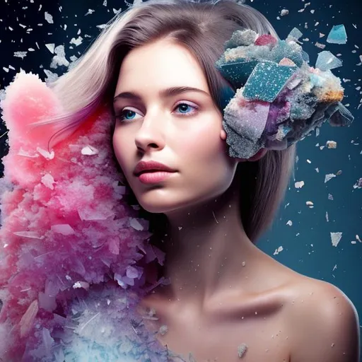 Prompt: Pretty girl with hair fragmenting crystals