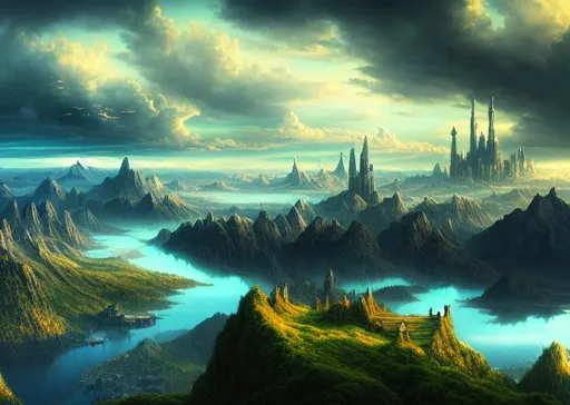 Prompt: long shot scenic professional photograph of a fantasy world with cities in the sky, perfect viewpoint, highly detailed, wide-angle lens, hyper realistic, with dramatic sky, polarizing filter, natural lighting, vivid colors, everything in sharp focus, HDR, UHD, 64K