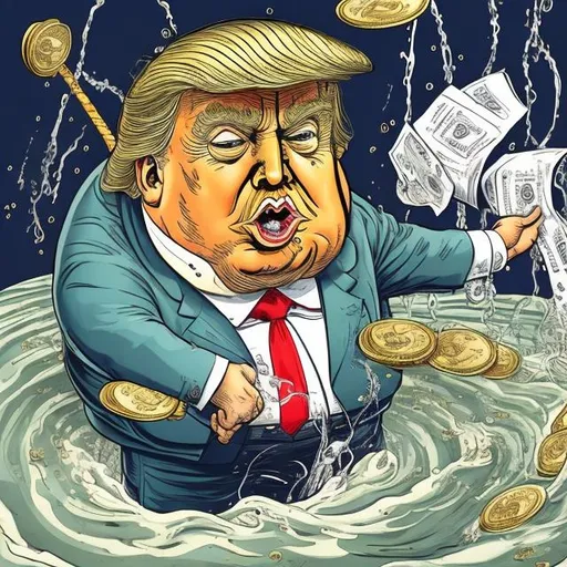 Prompt: Swirling the drain, Obese, Trump swimming in gold coins and green dollar notes, too long red tie, navy blue suit, Bathroom Bathtub scene,  Sergio Aragonés MAD Magazine cartoon style 