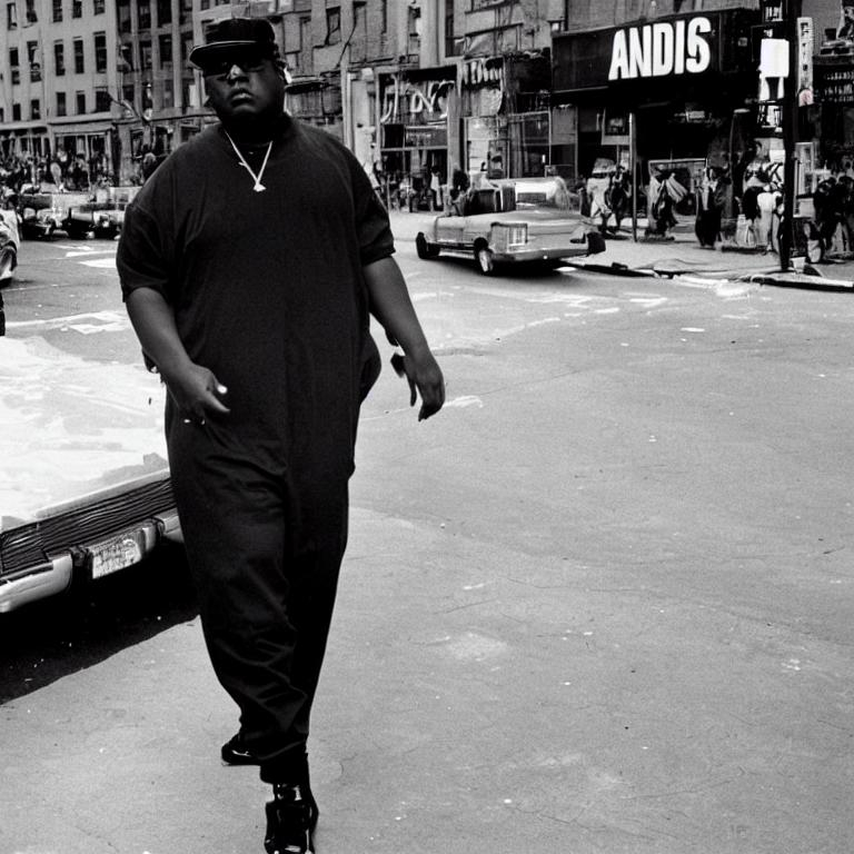 Biggie Smalls walking down new york street, colorized