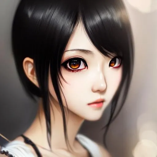 Prompt: japanese girl, short  wolf cut, yellow eyes, jet black hair, smooth soft skin, big beautiful eyes, beautiful, symmetrical, anime wide eyes, darker lighting, detailed face, by wlop, concept art, digital painting, looking into camera, masterpiece,