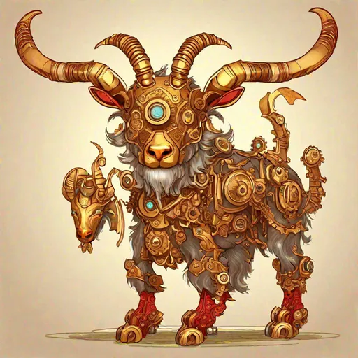 Prompt: Bipedal creature resembling a Goat, copper clockwork armor, golden horns, a gold and brown propeller, silver gears with red bullseye, masterpiece, best quality, Coloring Book Style