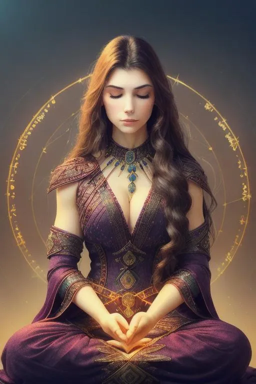 Prompt: Midnight, Front-facing Photo of Grace Fulton Meditating deep Underground, Eyes Shut, Backlit by Floating Arcane Runes, Long Elegant Hair, Serene Meditative Expression, Professional Smokey Makeup, Deep Cleavage, as a Barbarian Archmage wearing a Long Extravagant Shamanic Dress and Extravagant Tribal Jewelry, Center-frame, Nighttime, bokeh, intricate hyperdetailed illustration by Artgerm and Warren Louw and Glenn Rane, professional photography, maximalist photo illustration, (high detailed skin:1.2), 8k uhd, dslr, high quality, Fujifilm XT3